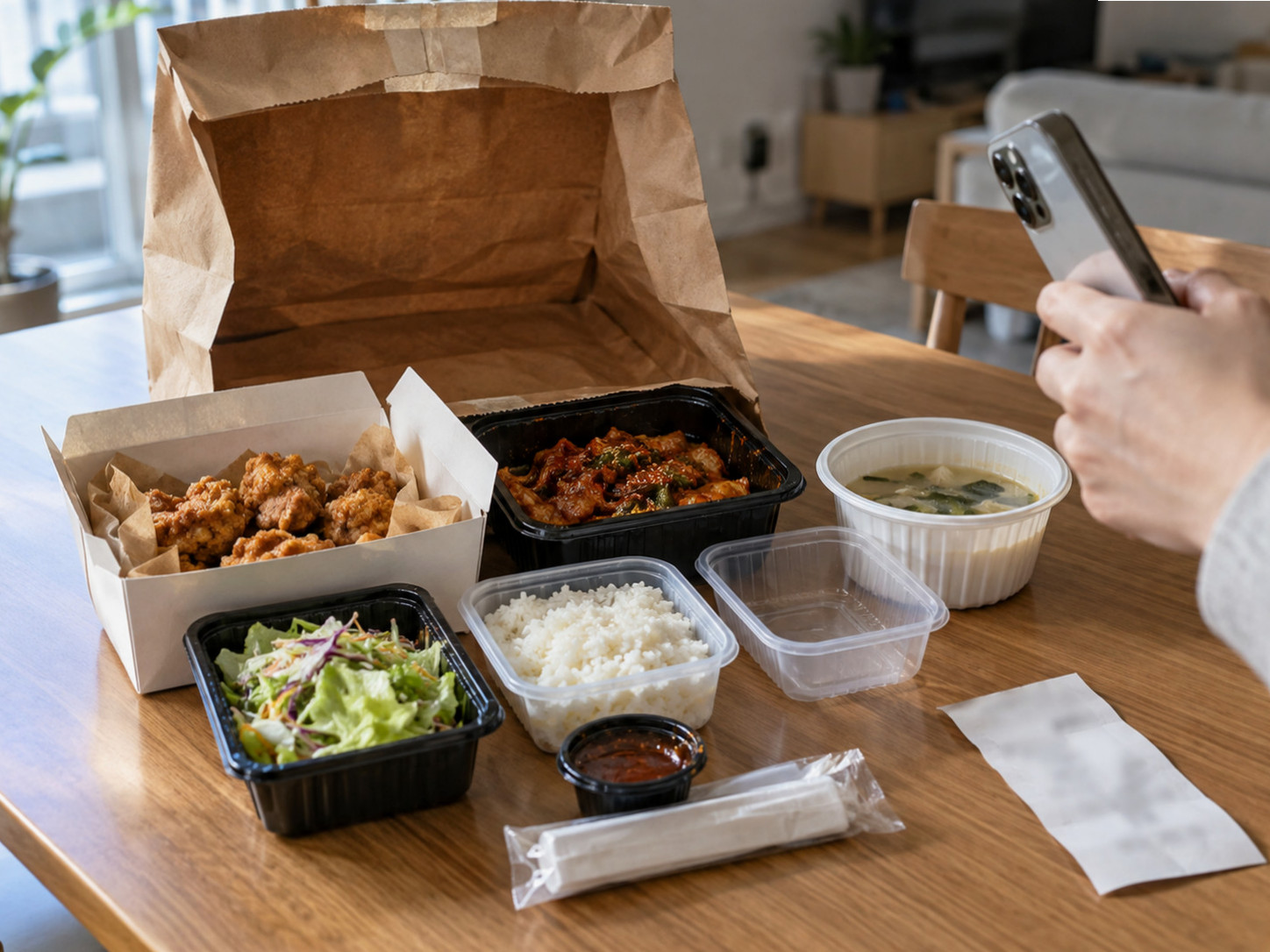 음식을 먹기 전 포장 봉투와 밀봉 상태, 영수증, 주문 앱 화면을 함께 촬영하는 모습