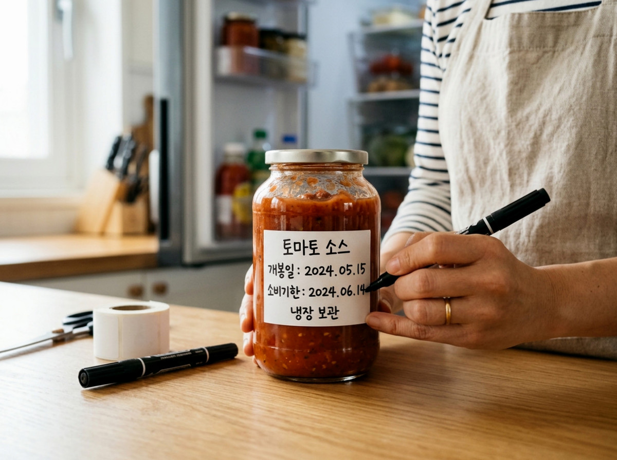 소스 용기에 제품명과 개봉일, 소비기한, 개봉 후 보관 조건을 구분해 기록한 라벨